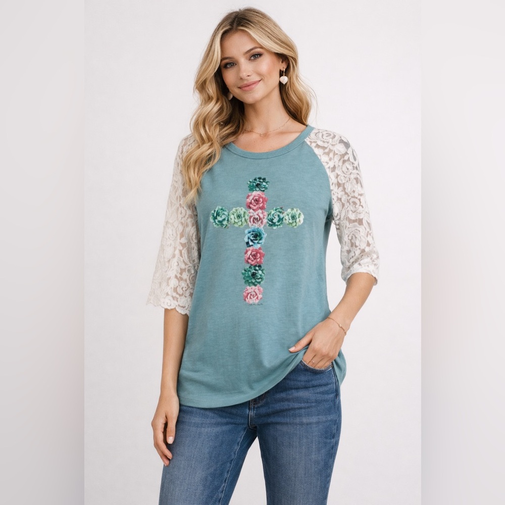NWT Southern Grace Floral Cross Lace Sleeve Top Small Boho Christian Tee
